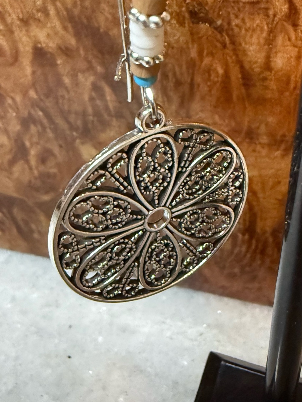 NWOT Filigree Round Dangle Earrings with Turquoise Bead - Picture 2 of 5
